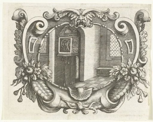 Scrollwork Cartouche with a Clock on the Wall