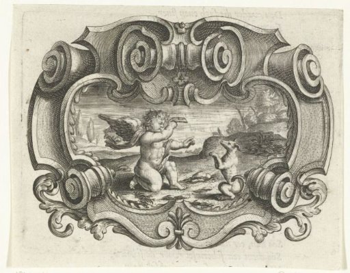Scrollwork Cartouche with a Cherub and a Dog
