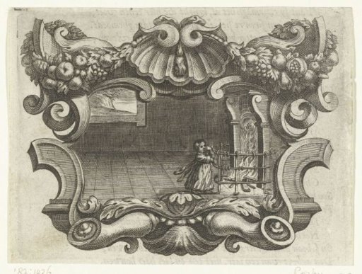 Scrollwork Cartouche with a Child Before a Fireplace