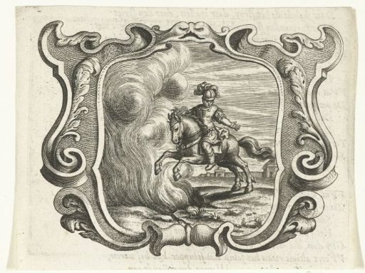 Scrollwork Cartouche with a Horseman
