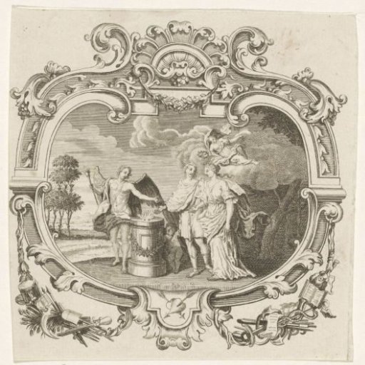 Married couple with the marriage god Hymen at an altar