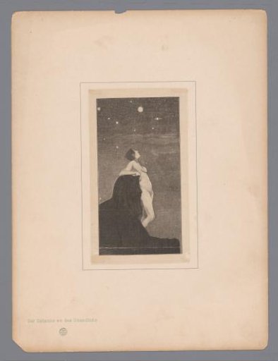 Naked woman by a starry sky leaning on a rock in the form of an old man