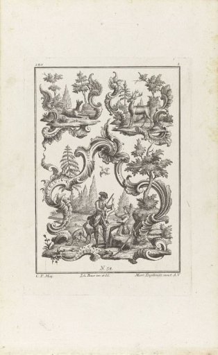 Rocaille with a hunter showing his prey to a woman