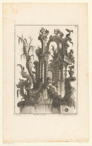 Building with putti and a waterfall