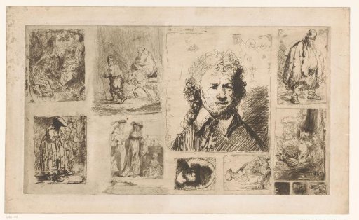 Study sheet with twelve copies after etchings by Rembrandt