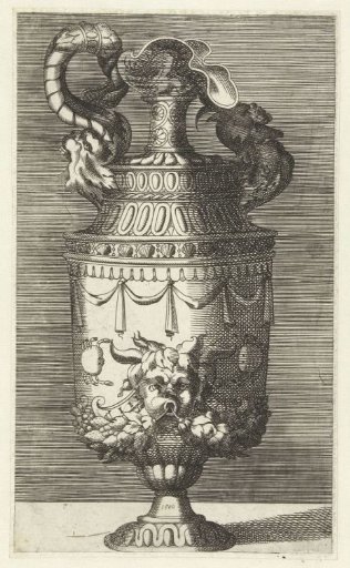 Vase with one handle on the left, ending in a mask