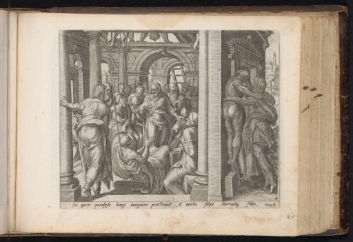 Christ healing a paralyzed man who was lowered through the roof