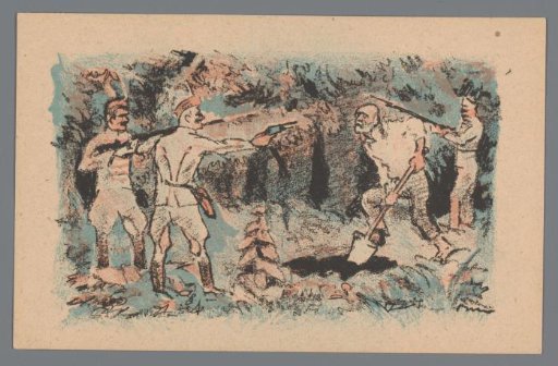 Soldiers hold a digging man at gunpoint