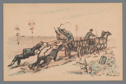 Men Bound to a Moving Wagon Being Whipped by Soldiers