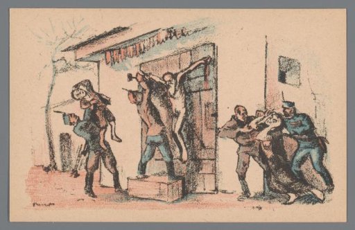 Naked Old Man Nailed to a Door by Soldiers Forcing His Family to Watch
