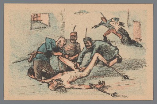Soldiers mutilating a naked man