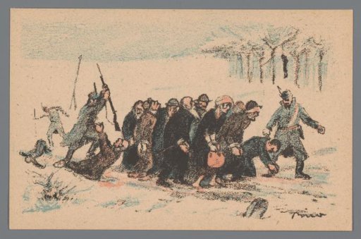 Group of people being violently led away by soldiers