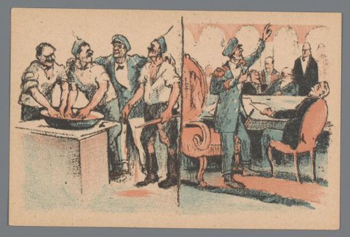 Officer Among Workers and at a Table with High-Ranking Men