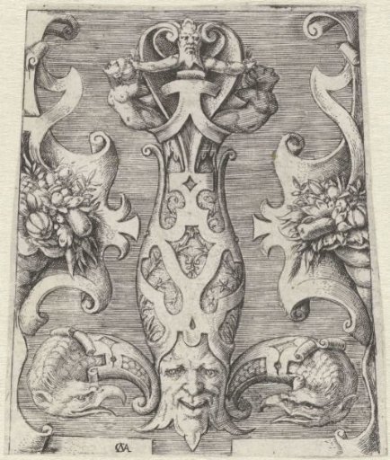 Design for the hilt of a sword in a frame of scrollwork
