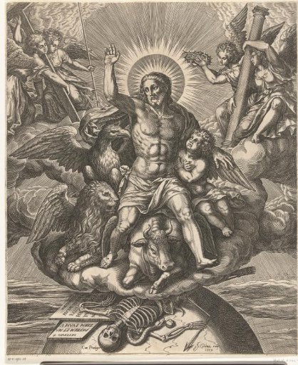 Christ in the clouds with symbols of the evangelists