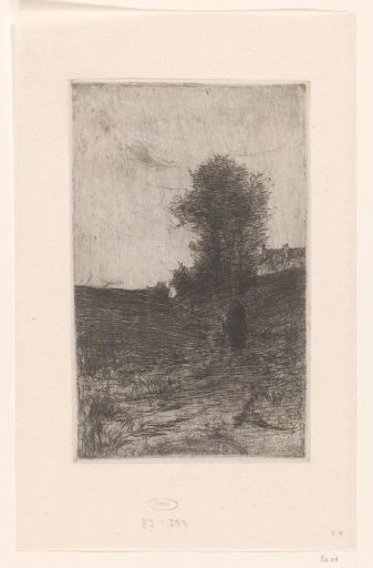 Landscape with trees, houses and a walking figure