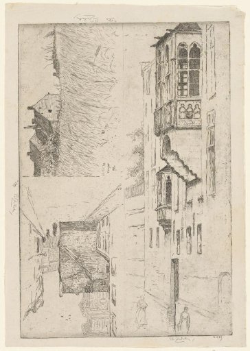 Cornfield with Houses and Two Views of Houses in a Town