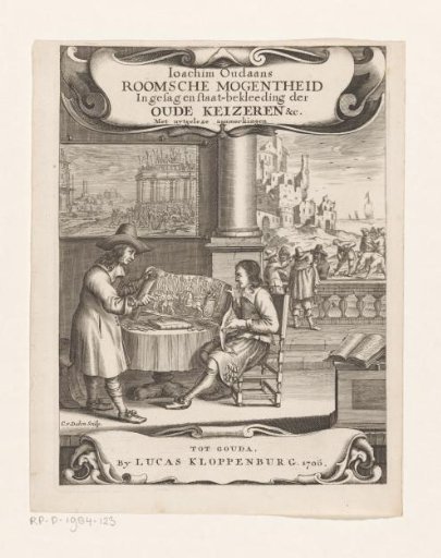Two men looking at a print of a Roman emperor's triumphal procession