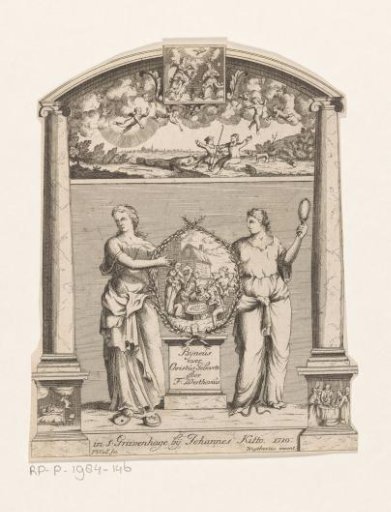 Two women showing a medallion with the Adoration of the Shepherds