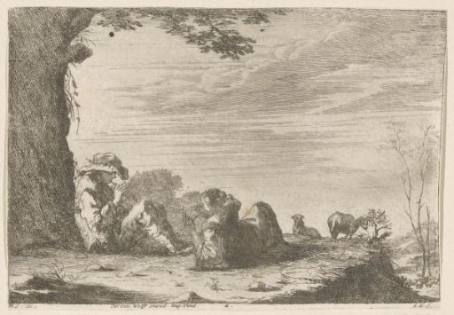 Shepherds making music with sheep in a rustic landscape