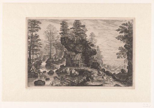 River landscape with a hut beneath a rock