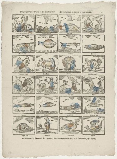 Here you see fish / birds and sea monsters fine / For your amusement and pleasure as great as small