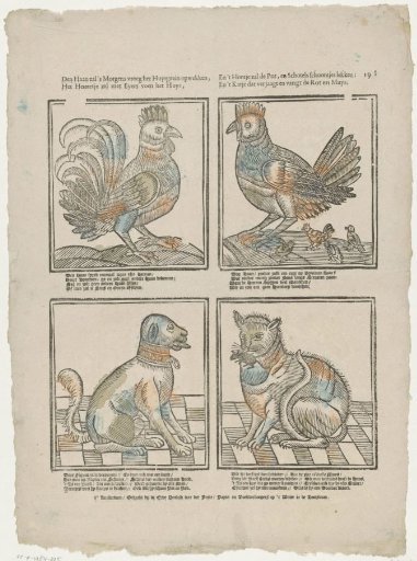 The rooster will wake the household early in the morning, / The hen will feed the house with eggs, / And the little dog will lick the pot and plates clean: / And the cat will chase and catch the rats and mice