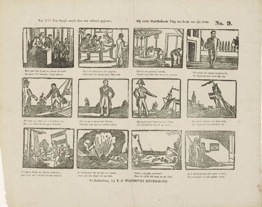Here a scene is given of Hero Van Speijk; he saved the Old Dutch flag at the cost of his life