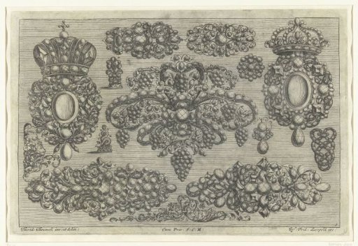 Thirteen designs for jewelry and a leaf scroll