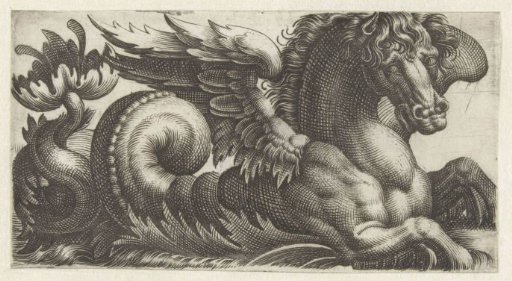 Winged sea-horse with an open leaf at the end of its tail from which two pestles protrude