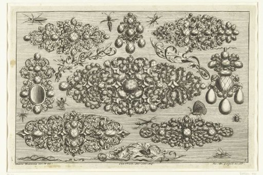 Eight designs for jewelry, nine insects and three leaf scrolls