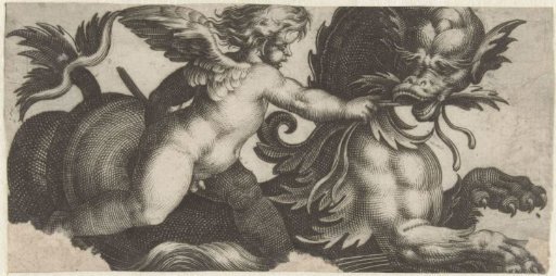 Putto leading a sea monster with a leaf