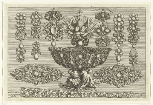 Fourteen designs for jewelry, a scale and a fan handle