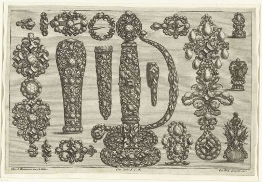Sword hilt and sixteen designs for jewelry, buckles, sword hilts and a cane knob