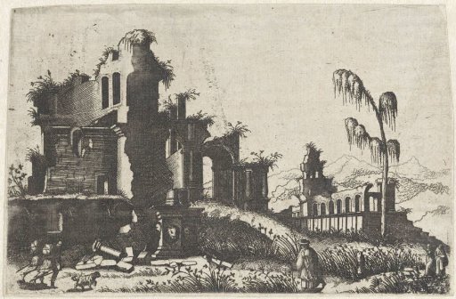 Landscape with overgrown ruins and travellers