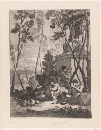Shepherds playing music in a landscape near a sculpture