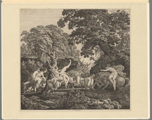 Wooded landscape with men and women on horseback hunting a stag
