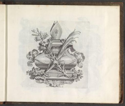 Pedestal with bishop's miter, lily branch, and palm branch