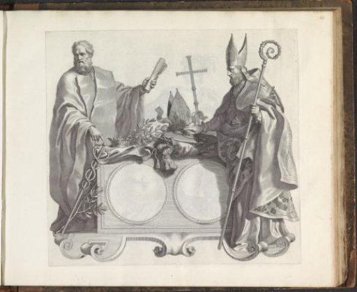 Blank medallion flanked by a senator and a bishop