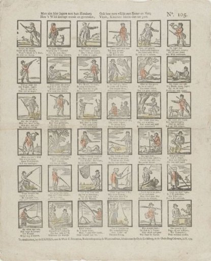 Here one sees hunters with their dogs; / How the game is caught and found, / Also how one fishes with line and net; / Find, children! in this your fun.