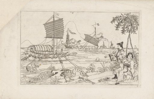 Chinese Sailboats in a Bay, with Waterfowl Feeding