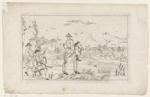 Horseman and hunting scene in a Chinese landscape