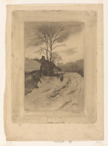 Farmhouses along a road with bare trees