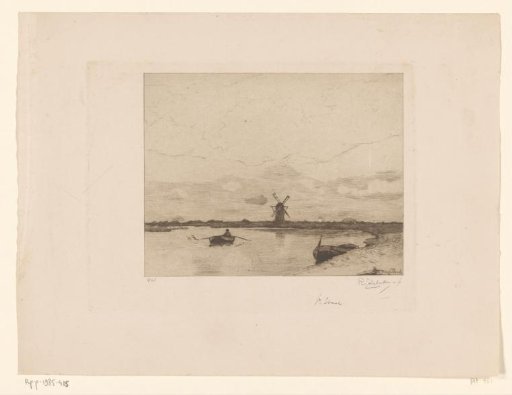 Rowing boat on a waterway in a meadow landscape with a mill