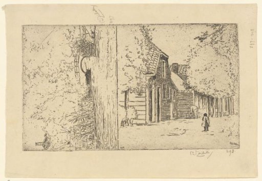 Bridge over a Pond and Child in a Village Street