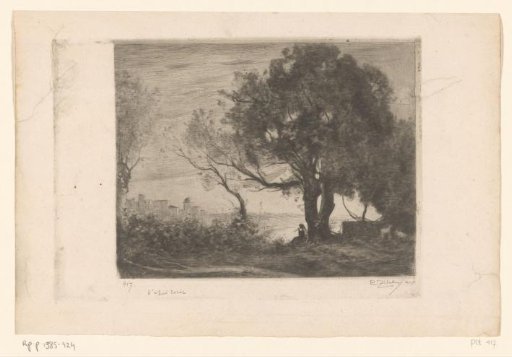 Landscape with a flute player under a tree and a silhouette of a city