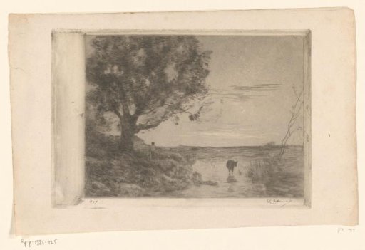 Landscape with a calf in the water and a man under a tree