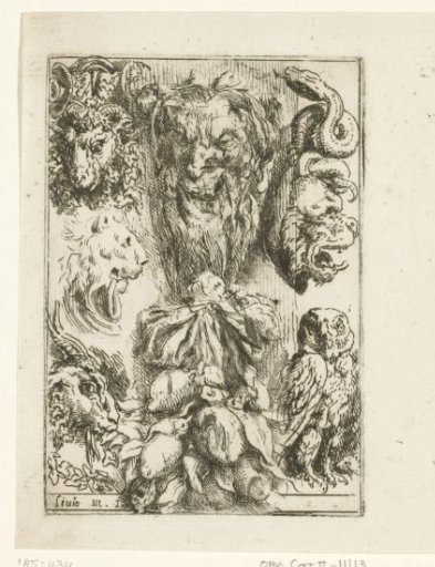 Various animal heads, a mask, and a fruit trophy