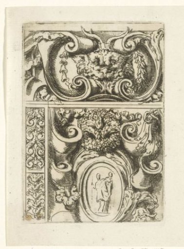 Three ornaments, at the top a cartouche with a mask