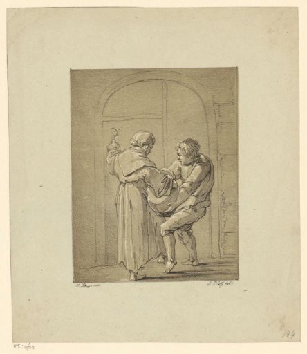 Two Men at a Gate Lifting a Sack